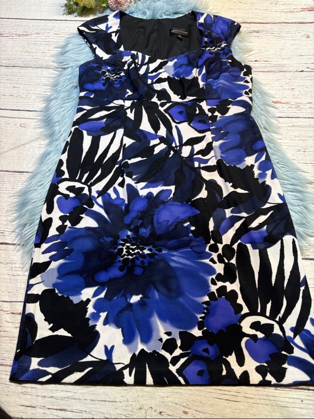 Nordstrom Connected Apparel Black Blue Floral Shift Dress sz 16
